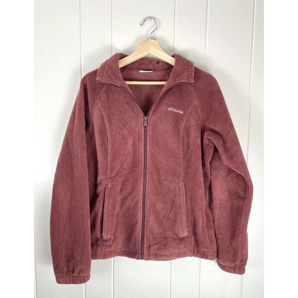 COLUMBIA Wine Red Plush Zip-up Front Pocket Adjustable Waist Women Sweater Top M